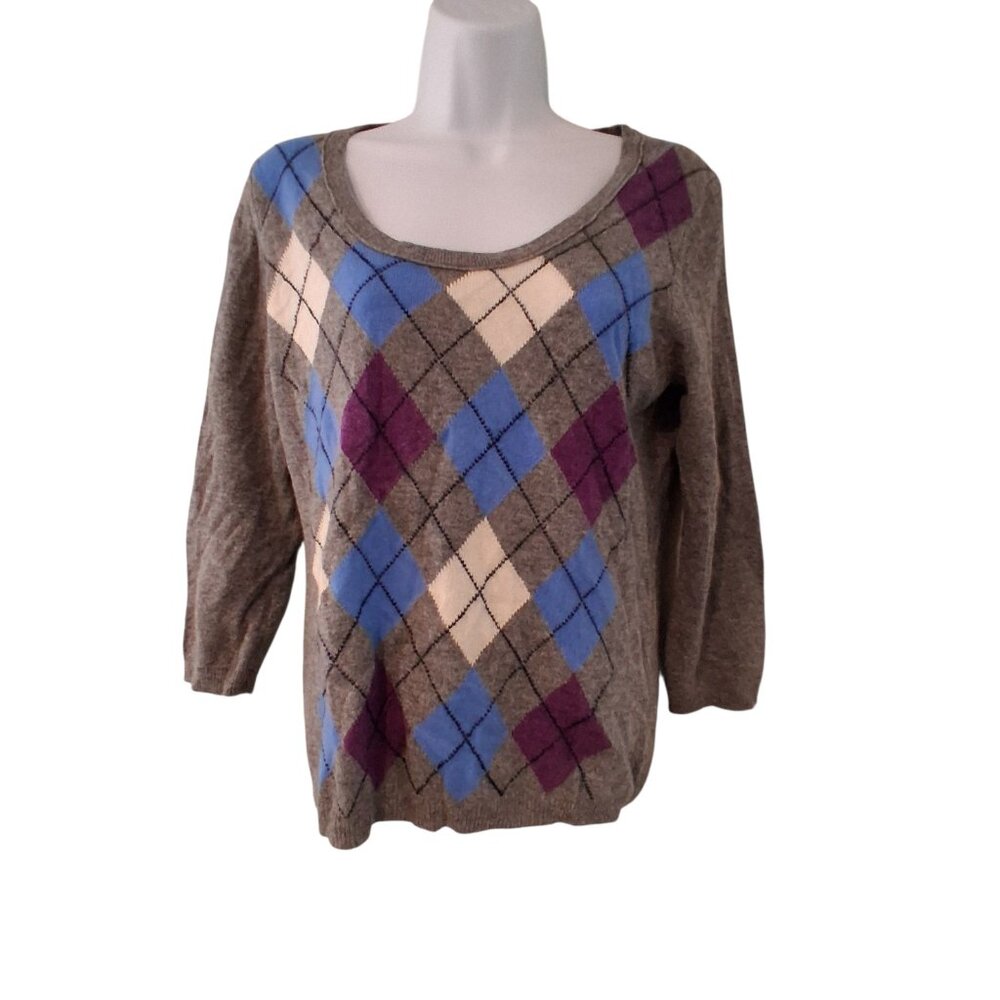 Tweeds nwt sweater womens L gray argyle 2 ply pullover 100% cashmere 3/4 sleeve